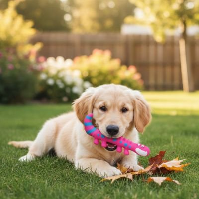 Jouet Chien dans la bouche d un chien couche sur le gazon