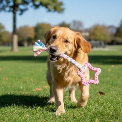 Jouet Chien dans la bouche d’un chien sur une pelouse