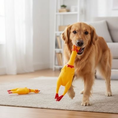 Jouet Chien dans la bouche d’un chien, un autre jouet par terre