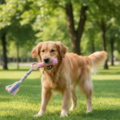 Jouet Chien debout sur la pelouse jouet a la bouche