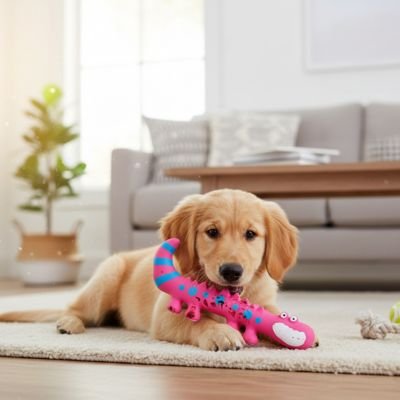 Jouet Chien devant un chien couché sur un tapis dans un salon