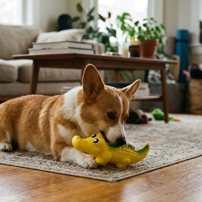 Jouet Chien jaune chien couché à côté une table salon