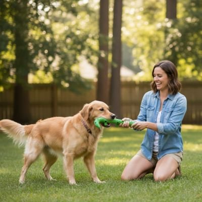 Jouet Chien maître met le jouet dans la bouche du chien