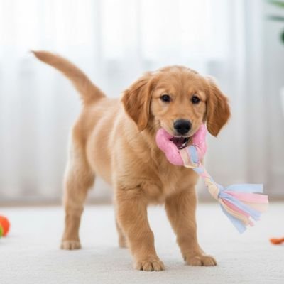 Jouet Chien petit sur un tapis jouet dans la bouche