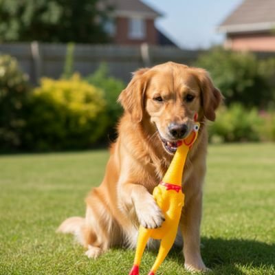 Jouet Chien Poulet  dans la bouche du chien sur la pelouse