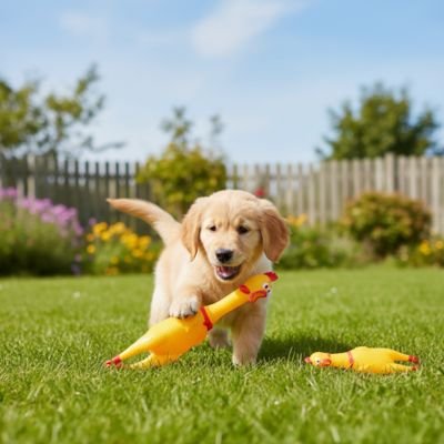 Jouet Chien poulet sous les pattes du chien sur la pelouse