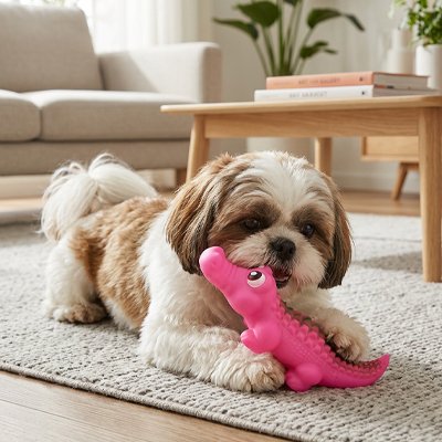 Jouet Chien rose chien couché sur le tapis