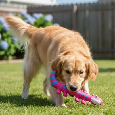 Jouet Chien rose dans la bouche du chien qui marche sur le gazon