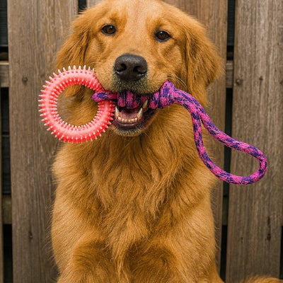 Jouet chien rose dans la bouche d’un chien devant une porte en bois