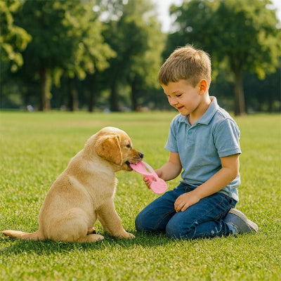 Jouet chien rose petit garçon devant chien