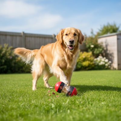 Jouet Chien rouge sur le gazon devant chien