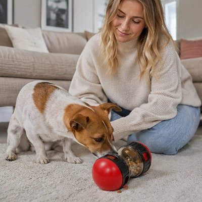 Jouet Chien sur un tapis au salon maitre lui sourit