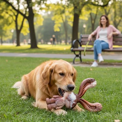 Jouet indestructible pour Chien  en forme de lapin dans la bouche du chien, maître assis sur un banc