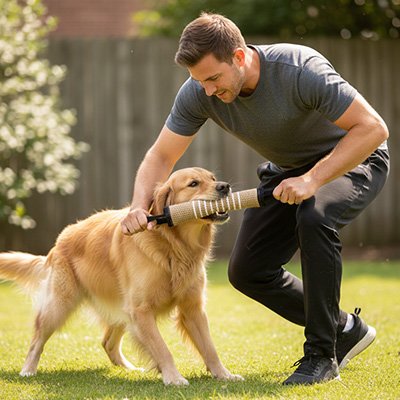 Jouet indestructible pour Chien noir maitre mette dans la bouche d’un chien