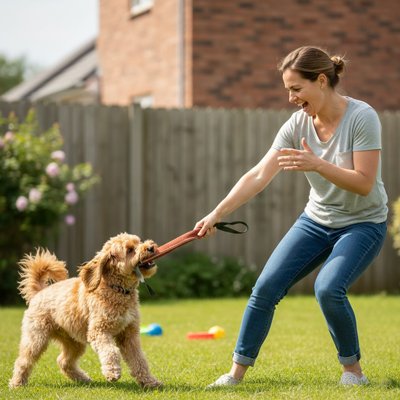 Jouet indestructible pour Chien tenant dans la bouche maître souriant tirant dessus