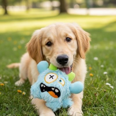 Jouet pour chien bleu dans la bouche chien sur la pelouse