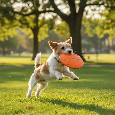jouet pour chien dans sa bouche sur un parc saute