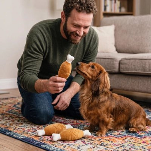 Jouet pour chien​ en peluche au salon chien avec son maître 