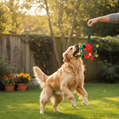 Jouet pour chien​ rouge joue avec son maitre dans la cours