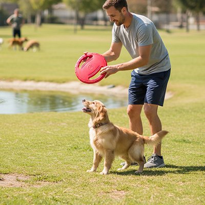 Jouet pour chien rouge joue avec son maitre parc eau a cote