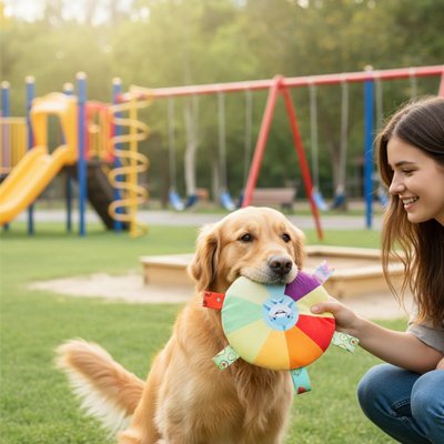 Jouet pour chien tenant un jouet dans la bouche maître souriant le tenant