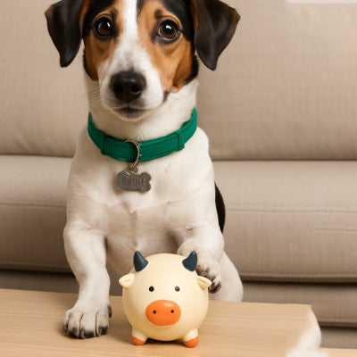 Jouet pour chien​ vache sur la table devant chien