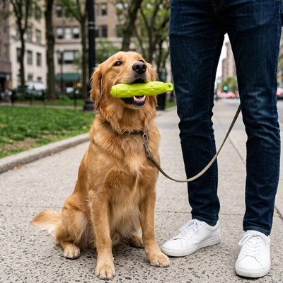 Jouet pour chien​ vert chien assis à côté de son maître 