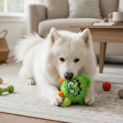 Jouet pour chien​ vert dans la bouche chien
