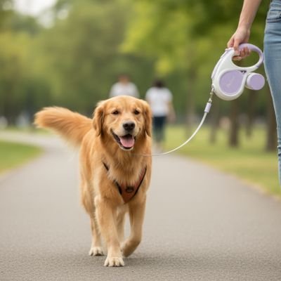 Laisse à enrouleur pour chien violet marche avec son maitre