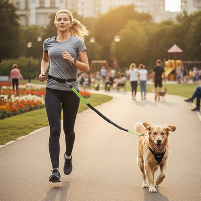 Laisse canicross vert  course avec son maitre parc activite ete