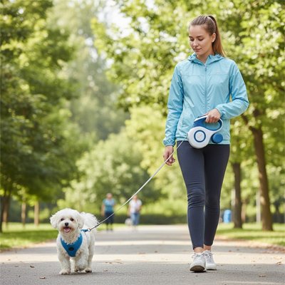 Laisse chien solide Rétractable Confort bleu marche avec son maître 