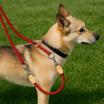 laisse double pour chien rouge pelouse
