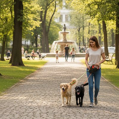 Laisse double pour Chien rouge se promene sur un parc maitre
