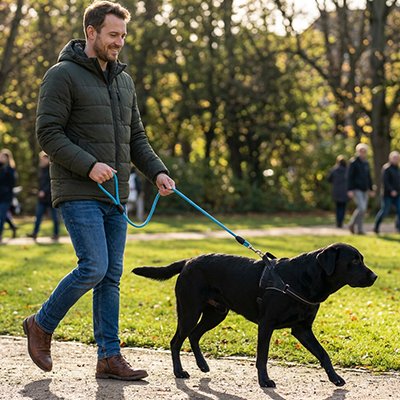 Laisse longe pour chien ultra résistante bleu balade au parc avec son maître 
