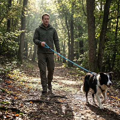 Laisse Longe pour chien ultra résistante bleu maître balade dans la forêt avec son chien
