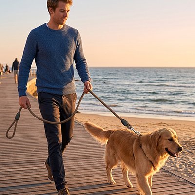Laisse Longe pour Chien brun chien balade avec son maitre a cote de l'eau