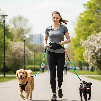 Laisse pour chien courir dans une rue beaucoup arbres maitre
