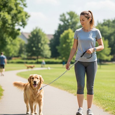 Laisse pour chien marche sous le soleil a cote de son maitre
