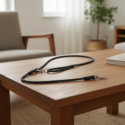 laisse pour chien noir sur une table salon en bois