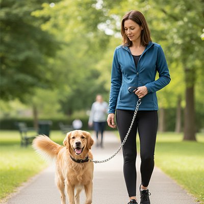 Laisse pour chien se promene sur un parc avec son maitre