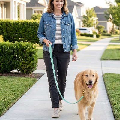 Longe 10m pour chien robuste et confortable vert maître se promène avec son chien devant les maisons 