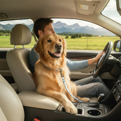 longe chien blanc maitre voiture paysage