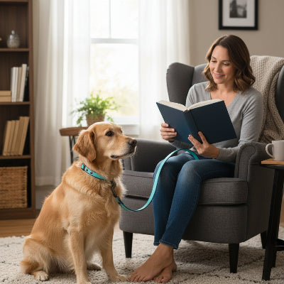 longe chien bleu assis salon maitre livre chaise