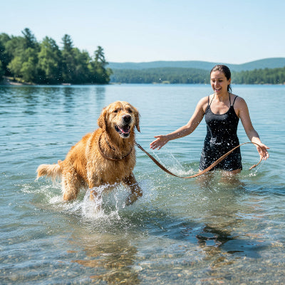 longe chien marron maitre lac arbres