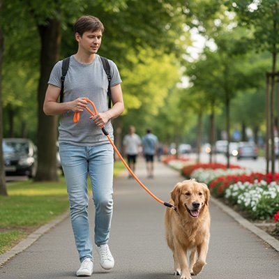Longe Chien orange gros chien balade prêt la rue avec son maître 