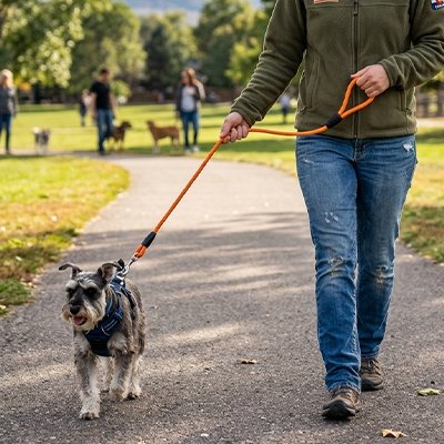 longe chien robuste et confortable
 orange petit chien balade avec son maître 