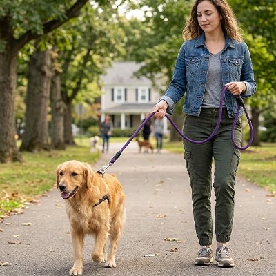 longe chien robuste et confortable
 violet balade à côté son maître 