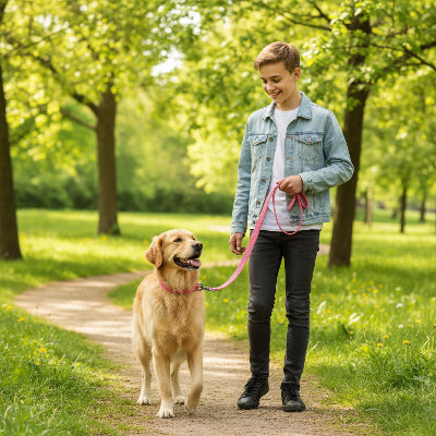 longe chien rose garcon parc arbre