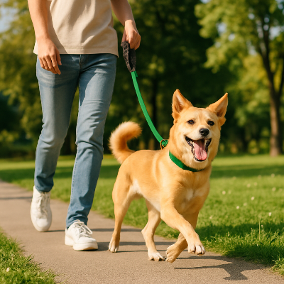 longe chien vert marche maitre