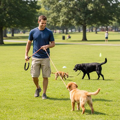 Longe pour chien au parc avec maitre et deux autres chiens
